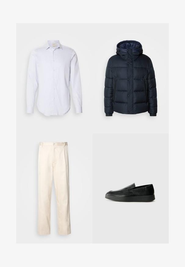 Casaco puffer azul-marinho com capuz, design acolchoado, fecho à frente com zíper e botões de pressão, dois bolsos laterais e punhos elástico.; Camisa de manga longa azul clara e branca com riscas, com uma lista de botões completa, gola pontiaguda e barra arredondada. Material em algodão, textura suave.; Calças de algodão bege com corte reto, apresentando um fecho de botão e pregas na frente para um detalhe adicional.; Calvin Klein HYBRID CUP - Sapatos sem atacadores - triple black