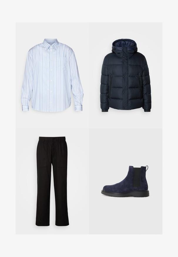 Námořnická páperová bunda s kapucí, prošívaný design, přední zip a patentky, dvě boční kapsy a pružné manžety.; Modrá a bílá pruhovaná košile s dlouhým rukávem, s límečkem na knoflíky, náprsní kapsou a knoflíkovými zapínáními vpředu a na manžetách.; Černé kalhoty s uvolněným střihem, vyrobené z lehké tkaniny. Mají elastický pas, knoflíkový uzávěr a dvě přední kapsy.; Námořnické semišové Chelsea boty s elastickými bočními panely a poutkem. Černá gumová podešev s texturovaným povrchem pro lepší přilnavost a odolnost.