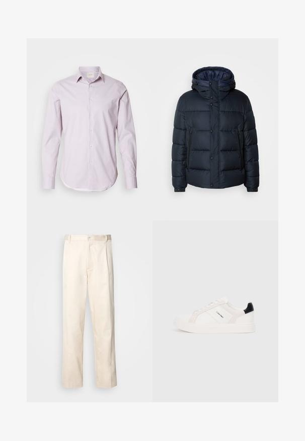 Tengerészkék pufi dzseki kapucnival, steppelt mintával, elöl cipzárral és patentos záródással, két oldalsó zsebbel és rugalmas mandzsettákkal.; Világos rózsaszín hosszú ujjú ing kicsi fehér pöttyökkel, gombos gallérral és kerekített hem. Simább anyagból készült, enyhe fényességgel.; Beige pamut nadrág egyenes szárú kivágással, gombos záródással és elülső redőkkel a részletek fokozása érdekében.; Fehér sportcipők világos rózsaszín és fekete részletekkel, sima bőrből és velúrból készült panelek, kerek orr és lapos gumitalp.