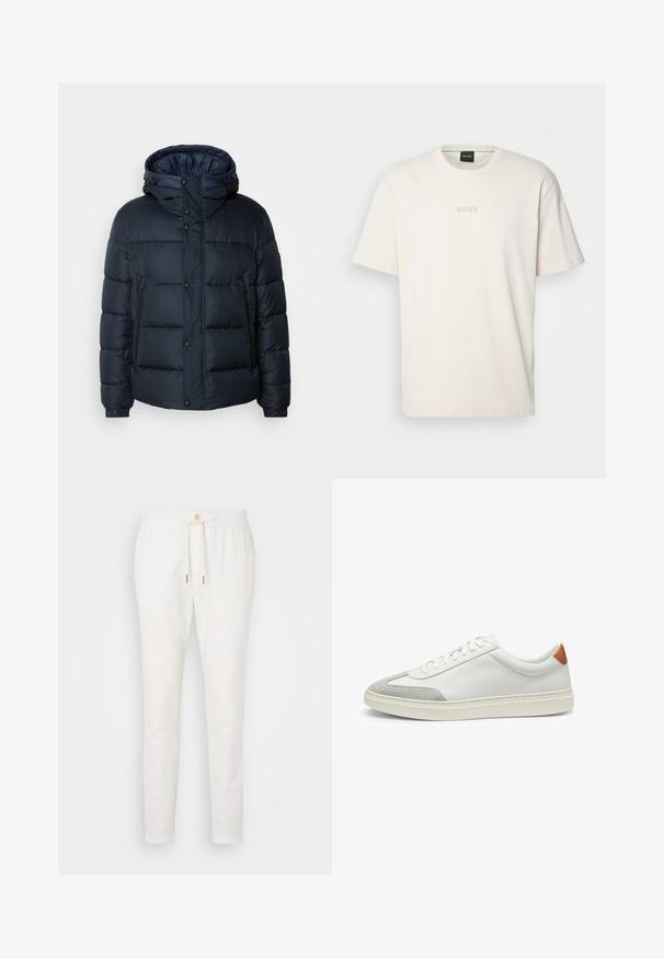 Navy puffer jacket with hood, quilted design, front zip and snap closures, two side pockets, and elasticized cuffs.; BOSS TEE - T-paita - open white; Valkoiset pellavahousut, joissa on narureuna, napin suljenta ja kapeneva malli. Sileä kuitu, jossa on minimaalinen yksityiskohtaisuus ja ei näkyviä kuvioita.; Valkoiset nahkakengät, joissa on harmaat mikrokuituakkentit ja vaaleanruskea nahkakanta. Ominaisuuksiin kuuluu teksturoitu pinta ja kevyt pohja.