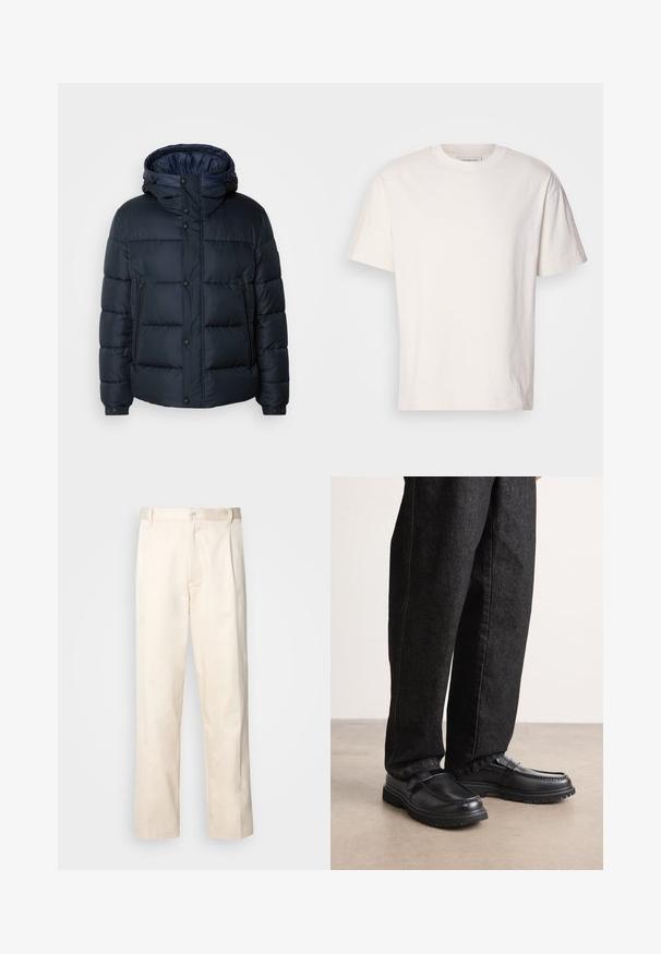 Mornarska zimska jakna s kapuco, prešita zasnova, sprednji zadrga in priponke, dve stranski žepni in elastični manšeti.; Kremna bombažna majica s kratkimi rokavi in krožnim izrezom. Ohlapen kroj. Na izrezu se nahaja majhna oznaka. Gladka textura.; Bež cottone hlače s ravnim krojem, ki imajo gumbasto zapiranje in nabore spredaj za dodatne detajle.; Črne usnjene čevlje z teksturirano površino, ki se ponašajo z dvignjenim šivom in trdnim gumijastim podplatom, nosijo z temno modrimi kavbojkami.