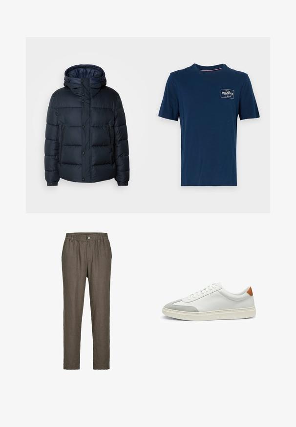 Marine blauwe pufferjack met een capuchon, doorgestikt ontwerp, voorrits en drukknoopsluiting, twee zijzakken en elastische manchetten.; Marineblauwe katoenen T-shirt met een ronde halslijn, korte mouwen en een kleine witte logoprint op de linkerkant van de borst. Vlotte textuur.; Jack & Jones JPSTKARL LAWRENCE - Broek - dark brown; Witte leren sneakers met grijze suede accenten en een tan leren hieltab. Kenmerkt zich door een textuurovervlak en een lichtgewicht zool.