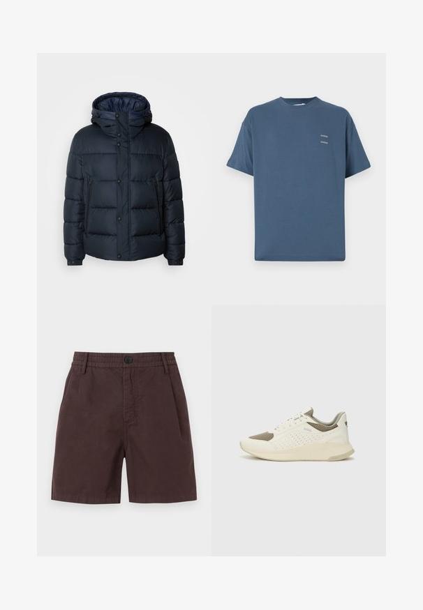 Tamsiai mėlynas pūkinis švarkas su kapišonu, siūtas dizainas, priekinis užtrauktukas ir mygtukų uždarymas, dvi šoninės kišenės ir elastingi rankogaliai.; Mėlynas medvilninis marškinėliai su klasikinėmis apvalia kaklo iškirpte, trumpomis rankovėmis, laisvu siluetu ir dviem mažais atspausdintais logotipais ant krūtinės. Lygi tekstūra.; Rudi medvilniniai šortai su elastinga juosta ir vienu mygtuku. Funkcijos: šoninės kišenės ir lygus paviršius.; Baltas ir šviesiai bežinis sportinis kedas, su tinklo viršumi, perforuotais detalėmis ir tekstūruotu tarpine su logotipu ant kulno.