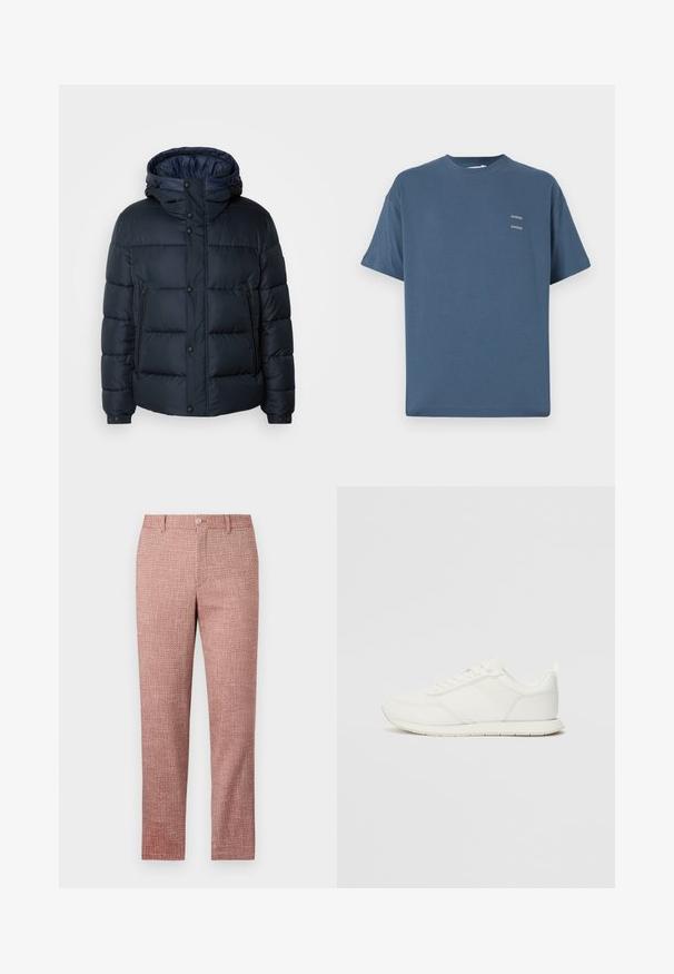 Tengerészkék pufi dzseki kapucnival, steppelt mintával, elöl cipzárral és patentos záródással, két oldalsó zsebbel és rugalmas mandzsettákkal.; Kék pamut póló klasszikus kerek nyakkal, rövid ujjakkal, laza szabással és két kis nyomtatott logóval a mellkasán. Simább textúra.; Piros, textúrált nadrág, egyenes szárú fazonnal, elülső zsebekkel és gombos záródással. Az anyag szőtt mintázattal rendelkezik az extra részletesség érdekében.; Fehér sneaker hálós és szintetikus felsőrésszel, kerek orral, lapos fűzőkkel és textúrázott oldalsávval. Gumi talp hátul húzófüllel.