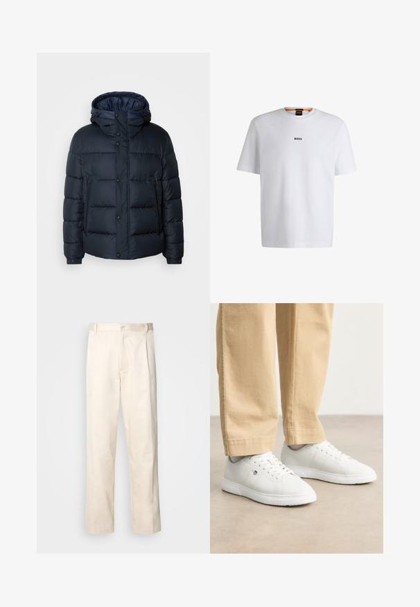 Marineblå pufferjakke med hette, quiltet design, frontglidelås og trykknapper, to sidelommer og elastiske mansjetter.; Hvit bomulls T-skjorte med korte ermer, med en svart "BOSS" logo sentrert på brystet og rund halsdesign.; Beige bomullsbukser med rett benfatt, med knappelukking og folder foran for ekstra detaljer.; Hvite lær sneakers med en glatt finish, med rund tå, snøring og subtile logodetaljer på siden, pyntet med beige bukser.