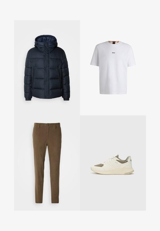 Mornarska zimska jakna s kapuco, prešita zasnova, sprednji zadrga in priponke, dve stranski žepni in elastični manšeti.; Bela bomba iz bombaža s kratkimi rokavi, ki ima črni logotip "BOSS" na sredini prsnega dela in okroglo obliko ovratnika.; Rjave kordurojske hlače s prilegajočim krojem, z zadrgo in gumbnim zapiranjem. Tekstura ima izrazite rebraste vzorce po celotni površini.; Beli in svetlo bež športni copat, s mrežastim zgornjim delom, perforiranimi detajli in teksturirano srednjim delom z blagovno znamko na peti.