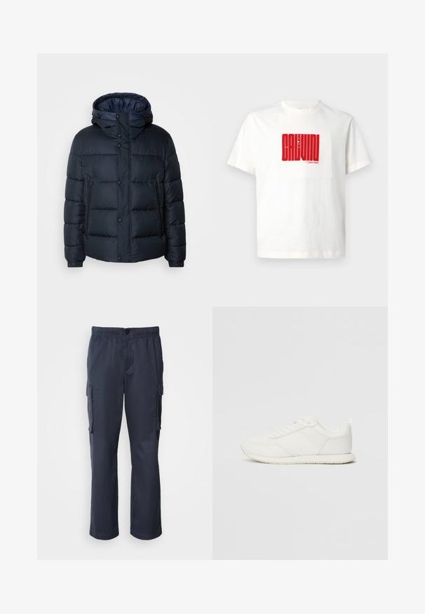 Tumesinine puhvjakiri kapuutsiga, tikkpatterndiga, ees lukuga ja nööbiga kinnitused, kaks küljetaskut ning elastsed varrukaotstarbelised. ; Valge puuvillane T-särk, mille esit küljel on suur punane graafikatrükk "CALVIN KLEIN", ümmarguse kaelusega ja lühikeste varrukatega.; Tumesinised cargo püksid, valmistatud kergest kangast, millel on elastne vöökoht, kaks külgtaskut ja kaks cargo-taskut.; Valged tennisesid, millel on võrgust ja sünteetilisest materjalist ülemine osa, ümar varvas, lamedad paelad ja tekstureeritud külgmine triip. Kummist tallaosa, tagaküljel tõmbetab.