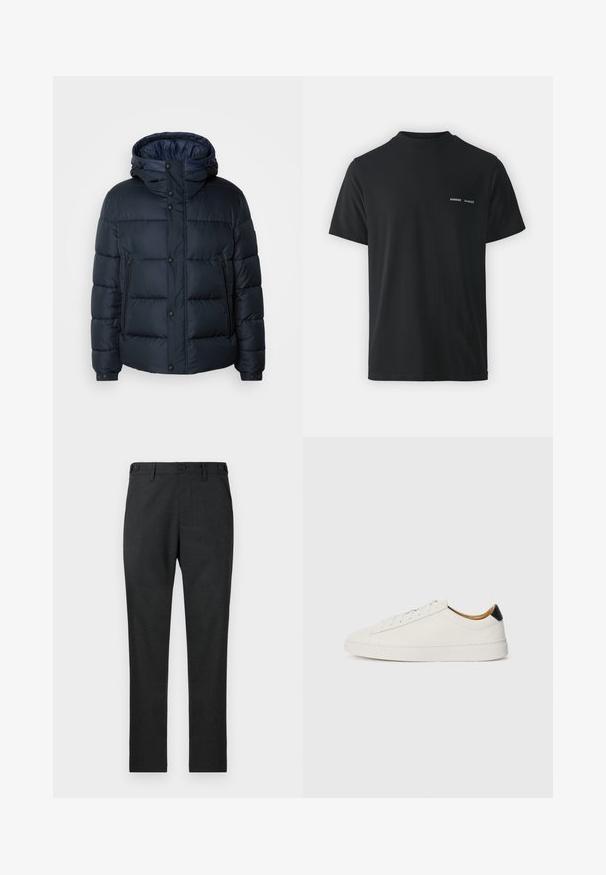 Navy puffer jacket with a hood, quilted design, front zip and snap closures, two side pockets, and elasticized cuffs.; Black cotton t-shirt with a classic crew neck, short sleeves, and two small white "SAMSØE" logos on the left chest.; Dark gray trousers made of textured fabric with a straight-leg design, featuring two front pockets and two button closures at the waist.; White sneaker with a smooth leather upper, round toe, and flat sole. Black accent at the heel, featuring tonal laces and minimal branding.