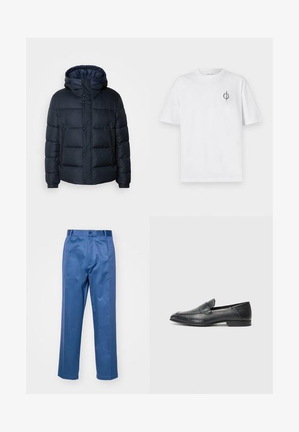 Jachetă puffer bleumarin cu glugă, design matlasat, închidere frontală cu fermoar și capse, două buzunare laterale și manșete elasticizate.; Tricou alb din bumbac cu o croială lejeră, având un mic logo grafic negru în zona stângă a pieptului. Mâneci scurte, stil guler rotund.; Pantaloni albaștri dintr-un material neted, cu un design drept, închidere cu nasture și detalii fine de cusătură.; Pantofii din piele neagră, cu o textură fină, cu toc mic și un design slip-on, având o cusătură ridicată pe partea din față.