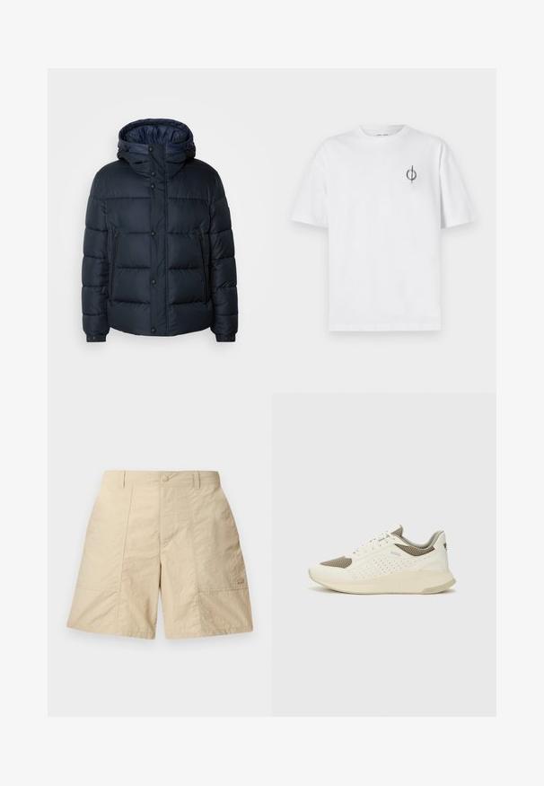Námořnická páperová bunda s kapucí, prošívaný design, přední zip a patentky, dvě boční kapsy a pružné manžety.; Bílý bavlněný tričko s volným střihem, které má malé černé grafické logo na levé straně hrudi. Krátké rukávy, kulatý výstřih.; Béžové šortky s texturovaným povrchem, s předním zapínáním na knoflík, dvěma bočními kapsami a malým logem na dolní pravé straně.; Bílé a světle béžové atletické tenisky, které mají síťovaný svršek, perforované detaily a texturovanou mezipodešev s logem na patě.