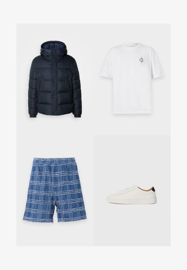 Casaco puffer azul-marinho com capuz, design acolchoado, fecho à frente com zíper e botões de pressão, dois bolsos laterais e punhos elástico.; Camisa de algodão branca com um corte relaxado, apresentando um pequeno logótipo gráfico preto na área do peito esquerdo. Mangas curtas, estilo de gola redonda.; Calções de ganga com bainha desfiada, apresentando um padrão de xadrez azul. Cintura elástica, corte reto e textura suave.; Sapatilhas brancas com um cabedal em couro liso, bico redondo e sola plana. Detalhe preto no calcanhar, com atacadores tonais e uma marcação minimalista.