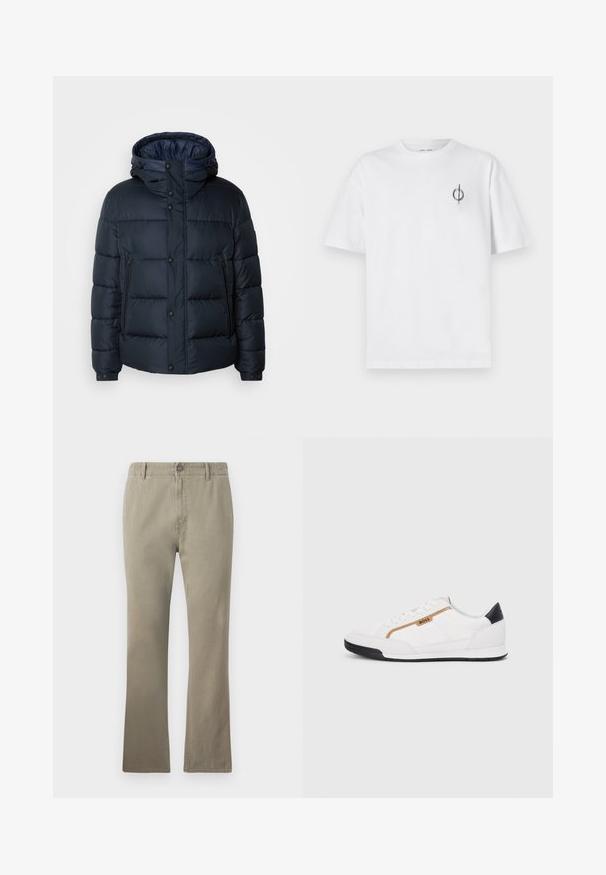 Granatowa kurtka puchowa z kapturem, pikowany wzór, zamek błyskawiczny i zatrzaski z przodu, dwie boczne kieszenie oraz elastyczne mankiety.; Biała bawełniana koszulka o luźnym kroju, z małym czarnym graficznym logo na lewej piersi. Krótkie rękawy, klasyczny okrągły dekolt.; Beżowe spodnie bawełniane o prostym kroju, z zapięciem na guziki, szlufkami na pasek oraz lekko fakturowaną powierzchnią, odpowiednie do noszenia na co dzień.; Białe buty sportowe z siateczkowymi i skórzanymi akcentami. Posiadają złote logo "BOSS", teksturowane boczne panele i czapkę pięty w kolorze czarnym. Gumowa podeszwa.