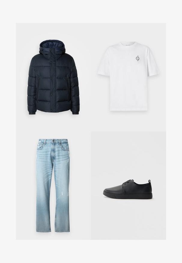 Navy puffer jacket with hood, quilted design, front zip and snap closures, two side pockets, and elasticized cuffs.; Valkoinen puuvillapaita rentoa istuvuutta, jossa on pieni musta graafinen logo vasemmassa rintataskussa. Lyhyet hihat, pyöreä kaula-aukko.; Vaaleansiniset farkut, joissa on hieman väljä suora leikkaus, olalla kuluneita yksityiskohtia, klassinen viiden taskun muotoilu ja nappikiinnitys.; Musta nahkakengät hienolla pinnalla, pyöreällä varvastyönnöllä, sävyyn sointuvilla ompeluilla, nauhakengät edessä ja littealla kumipohjalla. Silmukka kantapäässä.