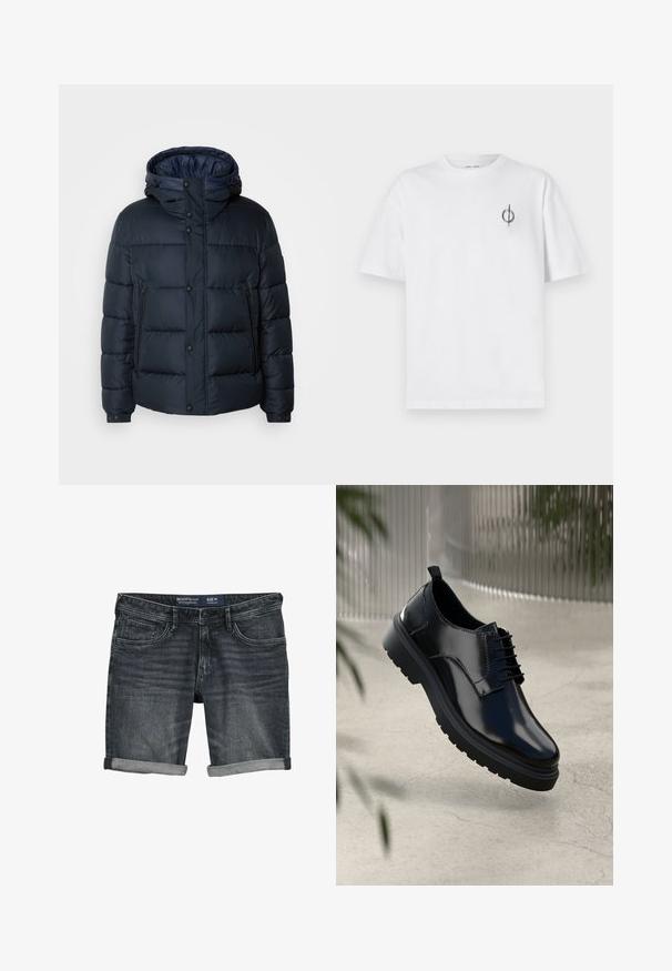 Mornarska puf jakna s kapuljačom, kvadratnim dizajnom, prednjim zatvaračem i kopčama na dugmad, sa dva bočna džepa i elastičnim manžetama.; Bijela pamučna majica s opuštenim krojem, s malim crnim grafičkim logotipom na lijevoj prečki. Kratki rukavi, okrugli izrez.; Traperice kratke hlače u tamnosivoj boji, s klasičnim dizajnom koji uključuje pet džepova i prevrnute rubove. Izrađene od pamučnog materijala, mekane na dodir. Veličina M.; Crne kožne cipele s sjajnom završnom obradom, okruglim prstom, dizajnom s vezicama, kontrastnim šavovima i debelim gumennim potplatom s uzorcima profila.