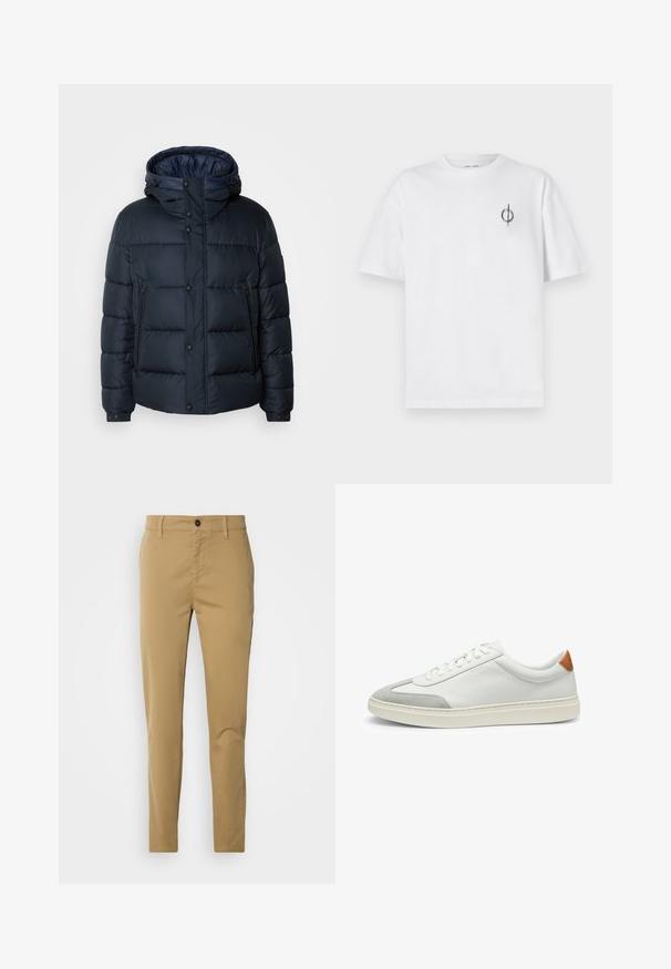 Giacca puffy blu navy con cappuccio, design trapuntato, chiusura frontale con zip e bottoni a pressione, due tasche laterali e polsini elasticizzati.; T-shirt in cotone bianco con vestibilità rilassata, presenta un piccolo logo grafico nero nella zona sinistra del petto. Maniche corte, collo a giro.; Pantaloni khaki in cotone. Design slim fit con una texture liscia, tasche frontali e chiusura con un singolo bottone in vita.; Sneakers bianchi in pelle con accenti in suede grigio e un tallone in pelle beige. Presentano una superficie testurizzata e una suola leggera.