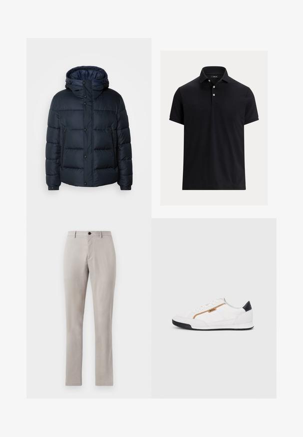 Mornarska zimska jakna s kapuco, prešita zasnova, sprednji zadrga in priponke, dve stranski žepni in elastični manšeti.; Črna kratkosrajčna polo majica s tremi belimi gumbi in klasičnim ovratnikom na enobarvni svetli podlagi.; Svetlo sivi, krojeni hlače z gladko teksturo, z gumbastim zapiranjem in ravnimi nogavicami. Brez vidnih žepov ali vzorcev.; Bele športne čevlje z mrežnimi in usnjenimi detajli. Opremljeni so z zlatim logotipom "BOSS", teksturiranimi stranskimi paneli in črnim kapcom na peti. Guma podplat.
