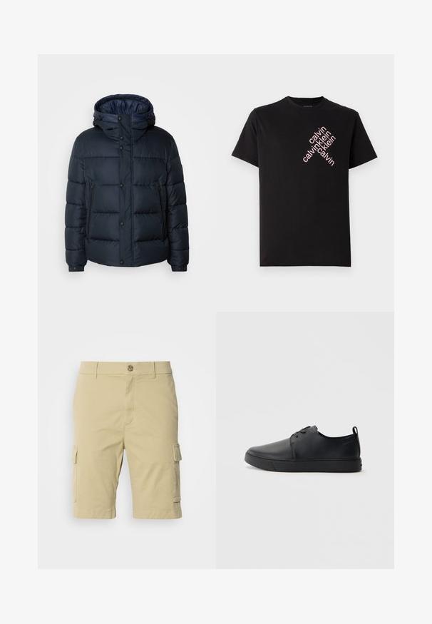 Navy puffer jacket with a hood, quilted design, front zip and snap closures, two side pockets, and elasticized cuffs.; Black cotton T-shirt featuring a diagonal pink "calvin klein" logo print on the front. Short sleeves and rounded neckline.; Khaki cargo shorts made of cotton with a smooth texture, featuring side pockets and a button closure at the waist.; Black leather sneaker with a smooth finish, rounded toe, tonal stitching, lace-up front, and a flat rubber sole. Loop at the heel.
