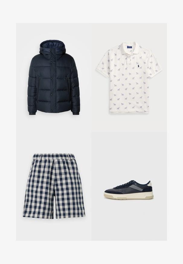 Navy puffer jacket with a hood, quilted design, front zip and snap closures, two side pockets, and elasticized cuffs.; White polo shirt made of cotton, featuring a repeated blue dog pattern and a small blue logo on the chest. Short sleeves and collar.; Navy and white plaid shorts with an elastic waistband. Features a loose fit and straight cut. Made of textile fabric, suitable for casual wear.; BOSS BALTIMORE - Trainers - open blue