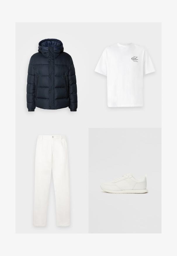 Navy puffer jacket with a hood, quilted design, front zip and snap closures, two side pockets, and elasticized cuffs.; White cotton t-shirt with short sleeves, crew neck, featuring a black CK logo on the left chest area, standard fit, smooth texture.; White trousers made from smooth fabric, featuring a straight leg design, front pleats, and a single button closure at the waist.; White sneaker with a mesh and synthetic upper, round toe, flat laces, and a textured side stripe. Rubber sole with a pull tab at the back.