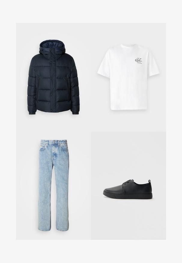 Tamsiai mėlynas pūkinis švarkas su kapišonu, siūtas dizainas, priekinis užtrauktukas ir mygtukų uždarymas, dvi šoninės kišenės ir elastingi rankogaliai.; Balta medvilninė marškinėliai su trumpomis rankovėmis, apvalia kaklo iškirpte, kairėje krūtinės pusėje esantis juodas CK logotipas, standartinio kirpimo, lygus paviršius.; Šviesiai mėlynos džinsinės kelnės su tiesiu kirpimu, penkių kišenių dizainu ir matomomis siūlėmis. Klasikinis juosmuo su sagčių uždarymu.; Juodos odinės sportinės bateliai su lygiu paviršium, suapvalinta nosimi, toniniais siūlais, raištelių užsegimu priekyje ir plokščiu guminiu padu. Kilpelė ant kulno.