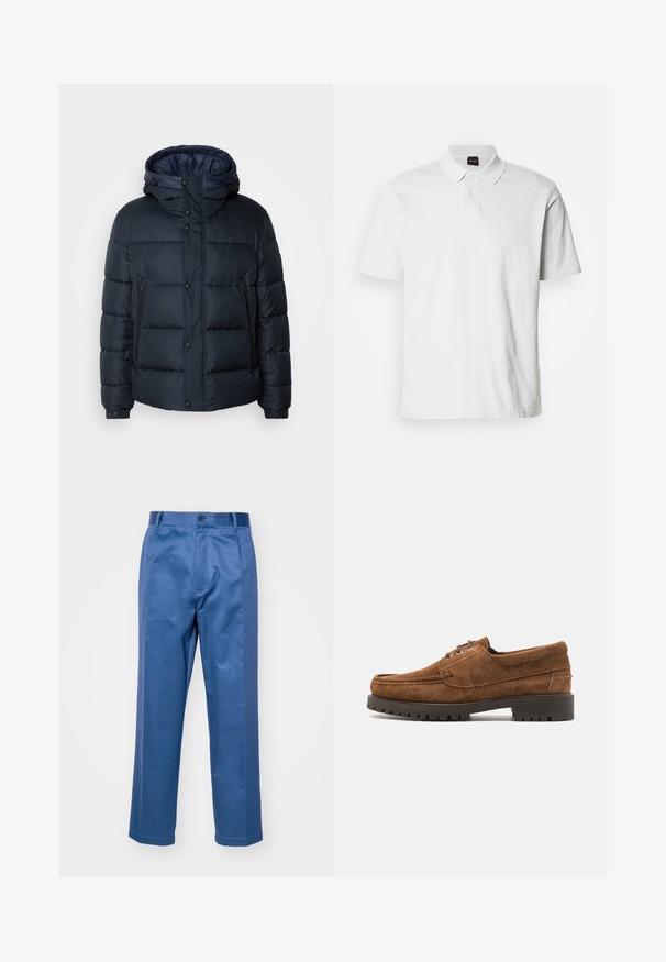 Σακάκι πούφφερ σε ναυτικό μπλε με κουκούλα, ραφιναρισμένο σχέδιο, μπροστινό φερμουάρ και κουμπώματα, δύο πλαϊνές τσέπες και ελαστικές μανσέτες.; Λευκό πόλο μπλουζάκι φτιαγμένο από βαμβάκι, με κλασικό γιακά, δύο κουμπιά και διακριτό λογότυπο της μάρκας κεντημένο μπροστά. Κοντά μανίκια.; Μπλε παντελόνι από λείο ύφασμα, με σχέδιο ίσιας γραμμής, κλείσιμο με κουμπί και διακριτές ραφές.; Samsøe Samsøe SAKARL - Καθημερινά παπούτσια με κορδόνια - dark cognac