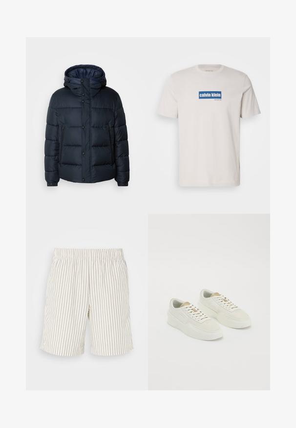Giacca puffy blu navy con cappuccio, design trapuntato, chiusura frontale con zip e bottoni a pressione, due tasche laterali e polsini elasticizzati.; T-shirt bianco in cotone con un logo rettangolare blu che presenta la scritta "calvin klein" e "new york city" in bianco sul davanti. Vestibilità classica.; Pantaloni corti a righe realizzati in un tessuto leggero e traspirante. Colore avorio con sottili righe verticali grigie. Vita elastica.; Un paio di sneaker low-top color avorio con accenti beige, suole spesse e lacci bianchi su uno sfondo bianco semplice.