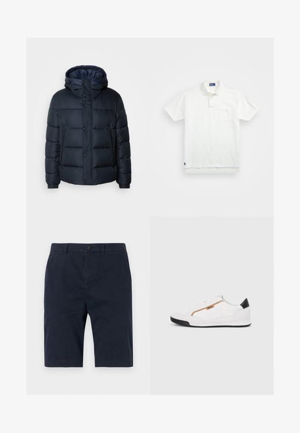 Jūras spēku krāsas pūkaina jaka ar kapuci, ar šuvju dizainu, priekšējo rāvējslēdzēju un pogu aizdari, divām sānu kabatām un elastīgām aprocēm.; Balta polo krekls, izgatavots no kokvilnas, ar klasisku apkakli, trīs pogu aizdari un kreisajā krūtī kabatu; neliels logo apakšmalā.; Jūras zilas īsas bikses, kas izgatavotas no viegla materiāla, ar priekšējo pogu aizdari, jostas cilpām un sānu kabatām. Gluda tekstūra ar tīrām līnijām.; Baltijas krāsā baltas sporta kurpes ar acu un ādas akcentiem. Iezīmējas ar zelta "BOSS" logo, teksturētām sānu paneļiem un melnu papēža kapu. Gumijas zole.