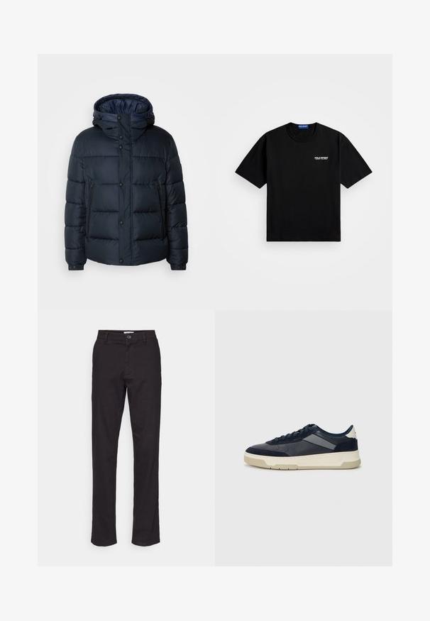 Casaco puffer azul-marinho com capuz, design acolchoado, fecho à frente com zíper e botões de pressão, dois bolsos laterais e punhos elástico.; T-shirt de algodão preto com decote redondo e mangas curtas. Apresenta o logótipo "POLO SPORT" no lado esquerdo do peito em branco. Ajuste standard.; Calças pretas de algodão com um design de perna reta, apresentando um fecho frontal com botão e bolsos laterais. Textura suave e detalhes mínimos.; BOSS BALTIMORE - Sapatilhas - open blue