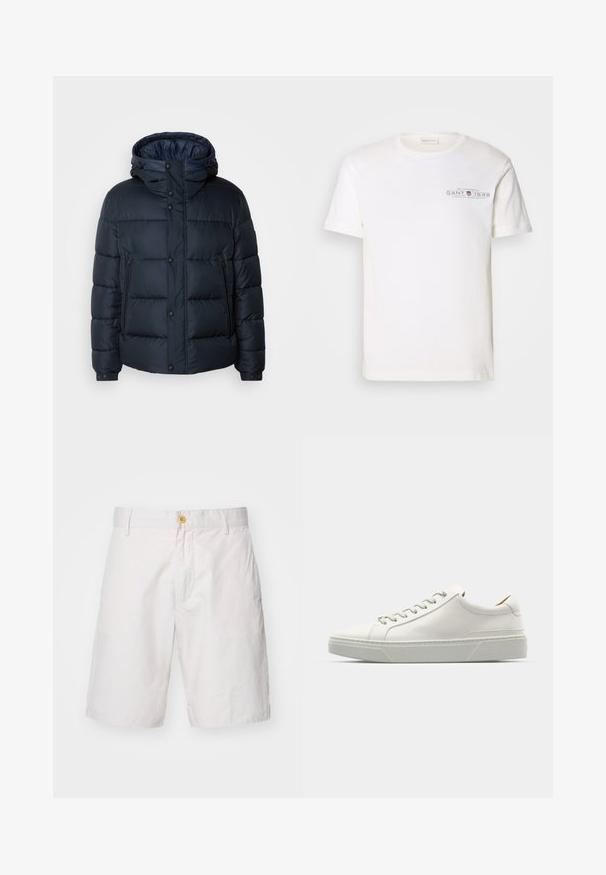 Marineblå pufferjakke med hette, quiltet design, frontglidelås og trykknapper, to sidelommer og elastiske mansjetter.; Hvit bomull t-skjorte med rund hals, korte ermer og trykket logo. Har minimalistisk design og avslappet passform.; Hvit herreshorts laget av lett materiale. Har knappefeste, to sidelommer, og en avslappet passform med rett snitt.; Hvit lær sneakers med rund tå, minimalistisk design, grå snøring og teksturert grå gummisåle. Subtile sømdetaljer synlige.