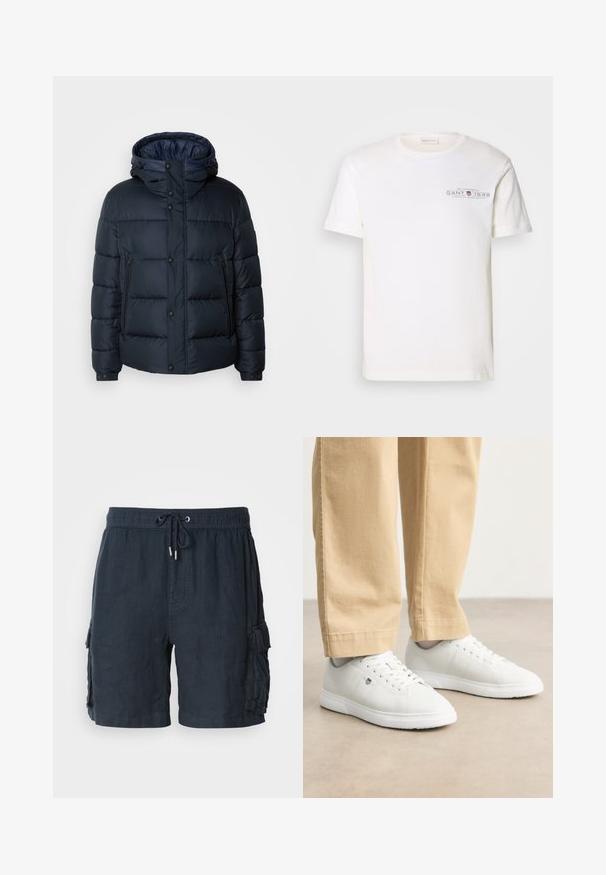 Giacca puffy blu navy con cappuccio, design trapuntato, chiusura frontale con zip e bottoni a pressione, due tasche laterali e polsini elasticizzati.; T-shirt bianco in cotone con collo rotondo, maniche corte e logo stampato. Presenta un design minimalista e una vestibilità rilassata.; Pantaloni cargo scuri blu navy da uomo, realizzati in tessuto leggero, con una vita elastica e coulisse, e due tasche laterali.; Sneakers in pelle bianca con finitura liscia, dotati di punta rotonda, chiusura con lacci e dettaglio logo discreto sul lato, abbinati a pantaloni beige.