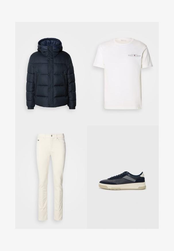 Veste matelassée marine avec capuche, design quilté, fermeture éclair et boutons-pressions à l'avant, deux poches latérales et poignets élastiques.; T-shirt en coton blanc avec un col rond, des manches courtes et un logo imprimé. Présente un design minimaliste et une coupe décontractée.; Pantalon blanc à jambes droites en tissu en coton lisse. Il dispose d'une fermeture à bouton, de passants de ceinture et de poches avant. Design minimaliste sans motifs.; BOSS BALTIMORE - Baskets basses - open blue