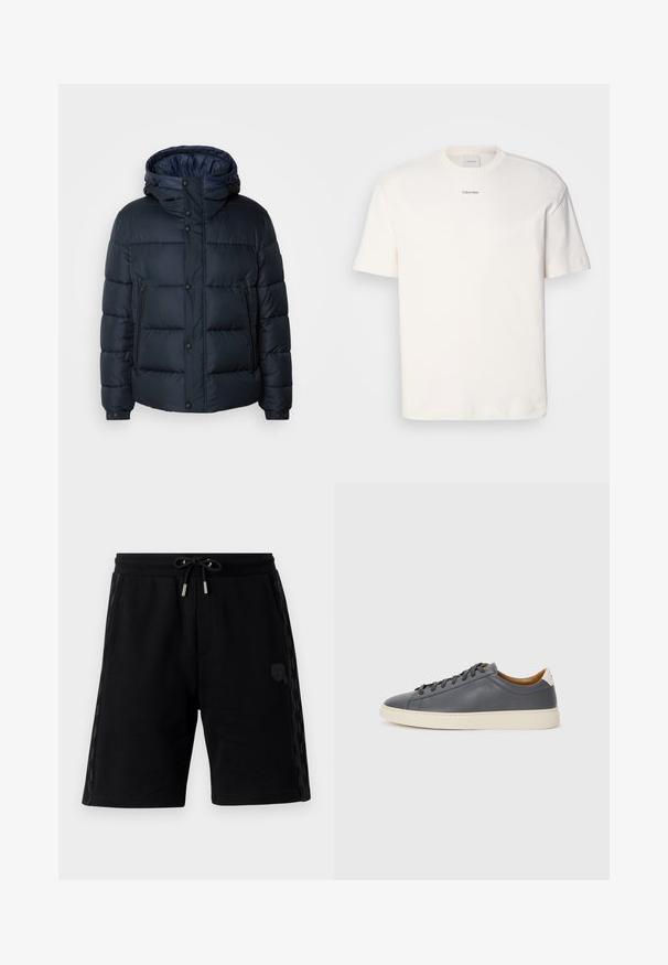 Tamsiai mėlynas pūkinis švarkas su kapišonu, siūtas dizainas, priekinis užtrauktukas ir mygtukų uždarymas, dvi šoninės kišenės ir elastingi rankogaliai.; Balta medvilninė marškinėlių suapvalintu kaklu, trumpomis rankovėmis ir siuvinėtu "Calvin Klein" logotipu krūtinės centre. Paprastas dizainas.; Juodi sportiniai šortai su raišteliu juosmens, šoninėmis kišenėmis, tekstūruotomis šoninėmis dalimis ir mažomis logotipo detalėmis. Pagaminti iš minkštos medžiagos.; Pilkas odinis sportbačiai su apvaliu nosiu, guminėmis padangomis, lygiais raišteliais ir šviesiomis akcentais ant kulno. Lygus paviršius ir minimalistinis dizainas.