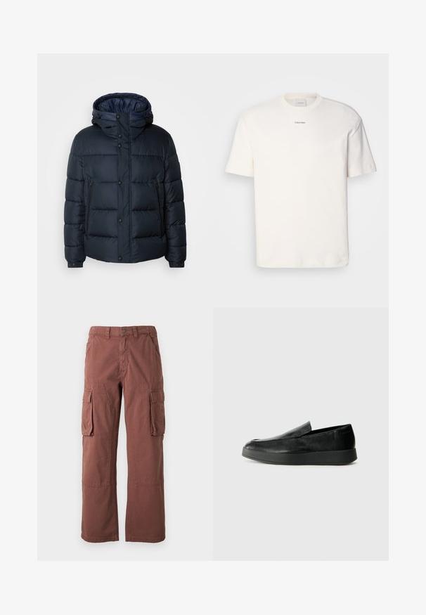 Tumesinine puhvjakiri kapuutsiga, tikkpatterndiga, ees lukuga ja nööbiga kinnitused, kaks küljetaskut ning elastsed varrukaotstarbelised. ; Valge puuvillane T-särk, millel on ümar kaelus, lühikesed varrukad ning rinnas keskel tikitud "Calvin Klein" logo. Üksluisus.; Roostevärvi cargo püksid, valmistatud vastupidavast kangast. Omavad suuri küljetaskuid, sirgeid jalgu ja nuppude sulgemist vöökohtadel.; Calvin Klein HYBRID CUP - Jalga libistatavad jalanõud - triple black