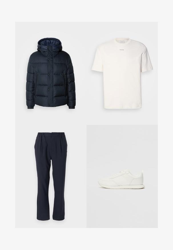 Navy puffer jacket with a hood, quilted design, front zip and snap closures, two side pockets, and elasticized cuffs.; White cotton T-shirt featuring a round neck, short sleeves, and embroidered "Calvin Klein" logo at the chest center. Plain design.; Navy blue trousers made of soft fabric with an elastic waistband, featuring front pleats and a straight leg design.; White sneaker with a mesh and synthetic upper, round toe, flat laces, and a textured side stripe. Rubber sole with a pull tab at the back.