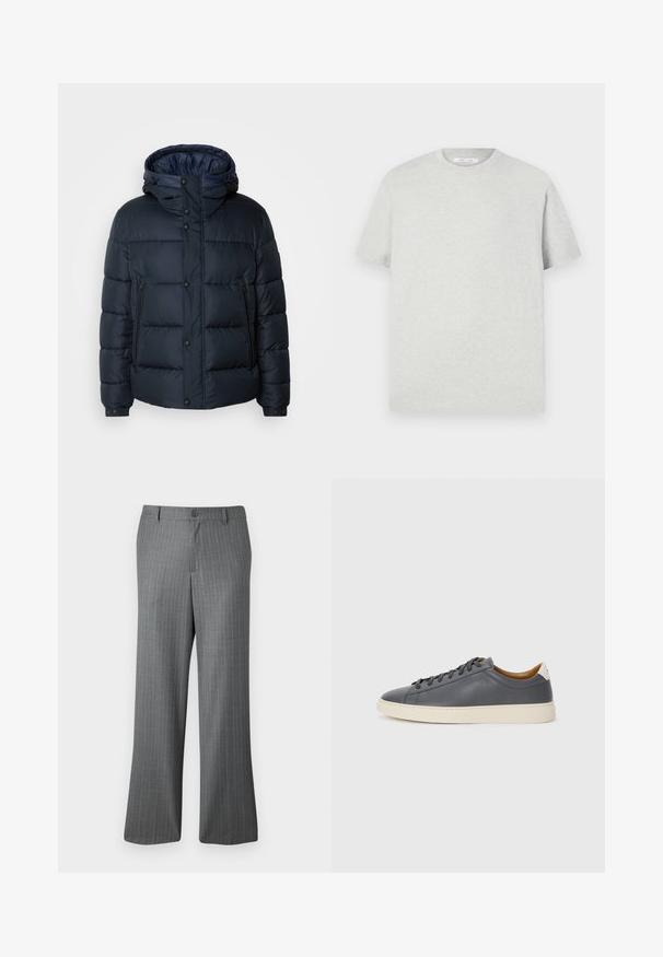 Tengerészkék pufi dzseki kapucnival, steppelt mintával, elöl cipzárral és patentos záródással, két oldalsó zsebbel és rugalmas mandzsettákkal.; Világosszürke, rövid ujjú póló, puha anyagból készült, kerek nyakkivágással és laza szabással, látható minták vagy díszítések nélkül.; Szürke csíkozott nadrág laza fazonnal, gombos záródással, övhurkokkal és finoman világoskék csíkokkal az anyagon.; Szürke bőr sportcipő kerek orral, gumitalppal, lapos fűzőkkel és világos színű részletekkel a sarkán. Simás textúrával és minimalista dizájnnal rendelkezik.