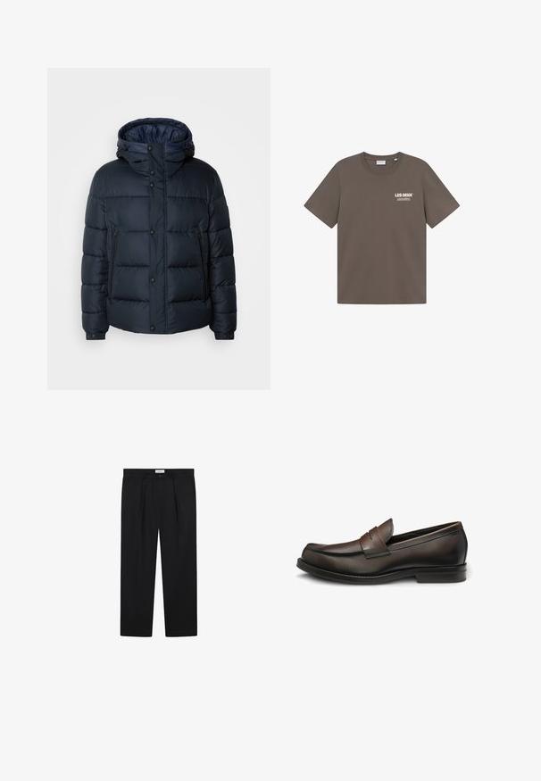 Navy puffer jacket with a hood, quilted design, front zip and snap closures, two side pockets, and elasticized cuffs.; Brown cotton t-shirt with a crew neck, short sleeves, and a small white logo graphic on the left chest. Smooth texture, casual fit.; Black tailored pants with front pleats, a straight-leg design, and a button closure. Fabric appears smooth with a slight sheen.; Brown leather loafer with a rounded toe, stitched detailing, and a decorative strap across the instep. Flat rubber sole.