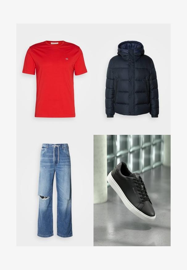 Tamsiai mėlynas pūkinis švarkas su kapišonu, siūtas dizainas, priekinis užtrauktukas ir mygtukų uždarymas, dvi šoninės kišenės ir elastingi rankogaliai.; Raudona medvilninė marškinė su apvaliu kaklu, trumpomis rankovėmis ir mažą mėlyną logotipą kairėje krūtinės pusėje. Sklandi tekstūra, kasdieniškas stilius.; Šviesiai mėlynos džinsinės kelnės su laisvu kirpimu, turinčios baltą raištelį liemens, ir išskirtinius įpjovimus priekyje, rodančius nusidėvėjusias briaunas.; Juodas odinis sportinis batelis su balta guma, apvaliu priekiu ir raišteliais. Pasižymi lygiu paviršiumi ir subtiliu logotipu ant liežuvio.