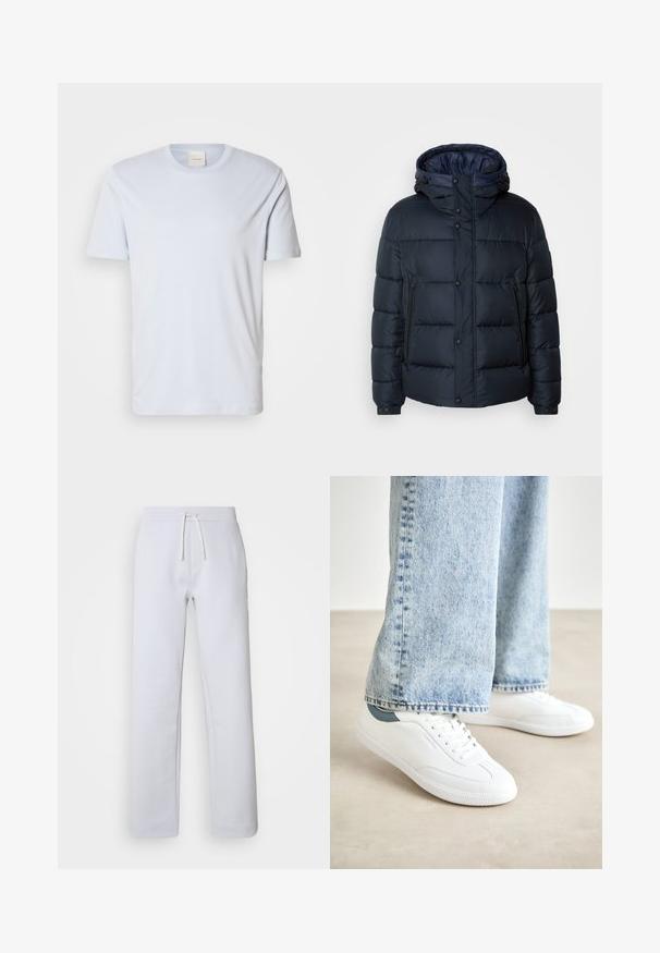 Námořnická páperová bunda s kapucí, prošívaný design, přední zip a patentky, dvě boční kapsy a pružné manžety.; Světle modré bavlněné tričko s kulatým výstřihem, krátkými rukávy a decentním logem na levé hrudi. Hladká textura po celé ploše.; Světle šedé kalhoty rovného střihu vyrobené z měkké tkaniny, s elastickým pasem a šňůrkou na stažení. Mají boční kapsy a jemnou pruhovanou texturu.; Bílé tenisky s hladkým materiálem, šněrovacím designem, texturovanou gumovou podešví a tyrkysovým akcentem na patě, v kombinaci se světle modrými džíny.
