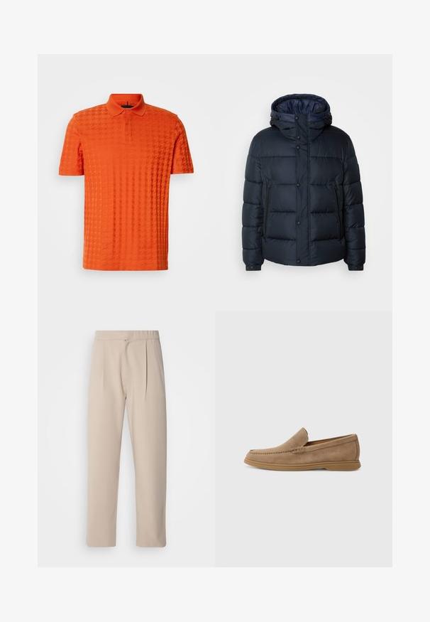 Tamsiai mėlynas pūkinis švarkas su kapišonu, siūtas dizainas, priekinis užtrauktukas ir mygtukų uždarymas, dvi šoninės kišenės ir elastingi rankogaliai.; Trumpa rankovė polo marškinėliai ryškiai oranžinės spalvos, su tekstūruotu, raštuotu audiniu, apykakle ir dviejų mygtukų užsegimu.; Šviesiai rudos, klostuoti kelnių, pagaminti iš minkštos medžiagos. Turi elastingą juosmenį, tiesias kojas ir lygų paviršių. Be kišenių ar akcentų.; Rudi šviesios odos slip-on loaferiai su lygiu paviršiumi ir siuvinėjimu; turi guminį pado sluoksnį, užtikrinantį sukibimą.