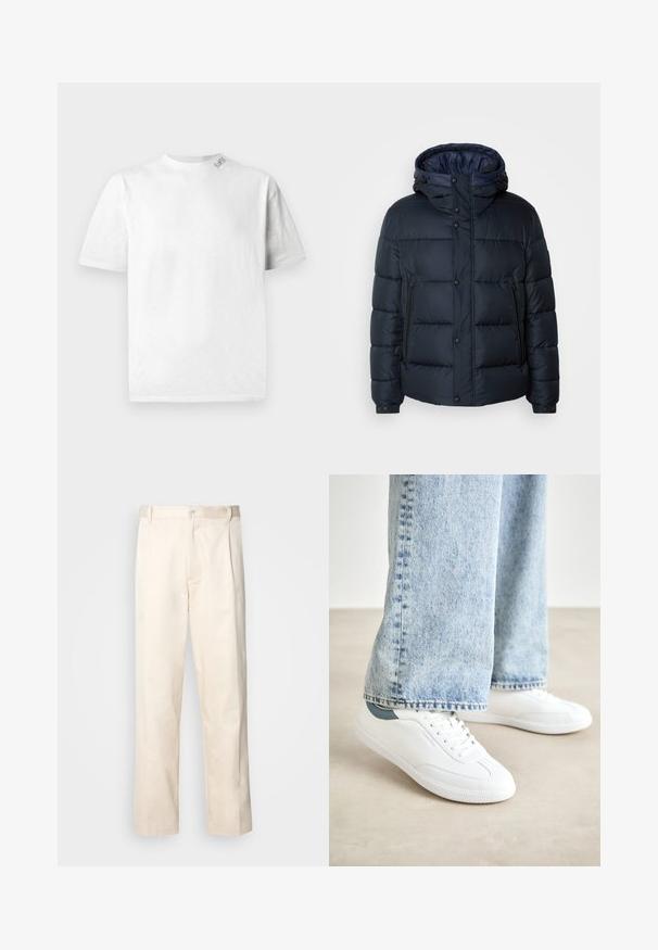 Casaco puffer azul-marinho com capuz, design acolchoado, fecho à frente com zíper e botões de pressão, dois bolsos laterais e punhos elástico.; T-shirt branca de mangas curtas com decote redondo, apresentando uma textura subtil e um pequeno detalhe de logotipo no ombro esquerdo.; Calças de algodão bege com corte reto, apresentando um fecho de botão e pregas na frente para um detalhe adicional.; Ténis brancos com material suave, design de atacadores, sola de borracha texturizada e um detalhe em teal no calcanhar, combinados com jeans azul claro.