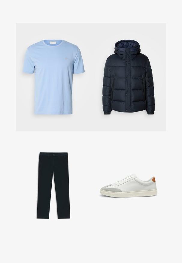 Giacca puffy blu navy con cappuccio, design trapuntato, chiusura frontale con zip e bottoni a pressione, due tasche laterali e polsini elasticizzati.; T-shirt azzurro chiaro a maniche corte in cotone. Presenta un collo giro e un piccolo logo ricamato sul petto sinistro. Texture morbida.; Chinos di un blu navy scuro realizzati in tessuto misto cotone. Presentano passanti per cintura, tasche frontali e una chiusura con zip e bottone.; Sneakers bianchi in pelle con accenti in suede grigio e un tallone in pelle beige. Presentano una superficie testurizzata e una suola leggera.