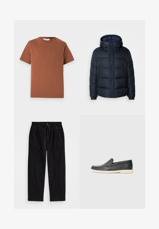 Casaco puffer azul-marinho com capuz, design acolchoado, fecho à frente com zíper e botões de pressão, dois bolsos laterais e punhos elástico.; Camiseta de crew neck de manga curta marrom, feita de algodão suave, com um design simples sem padrões ou adornos visíveis.; Calças de veludo cotelê pretas com um ajuste relaxado, apresentando uma cintura elástica com cordão e bolsos laterais. O tecido apresenta uma textura canalizada.; Mocassins pretos em couro com acabamento texturizado e sola de borracha bege em contraste. Apresenta um detalhe subtil na parte da frente.