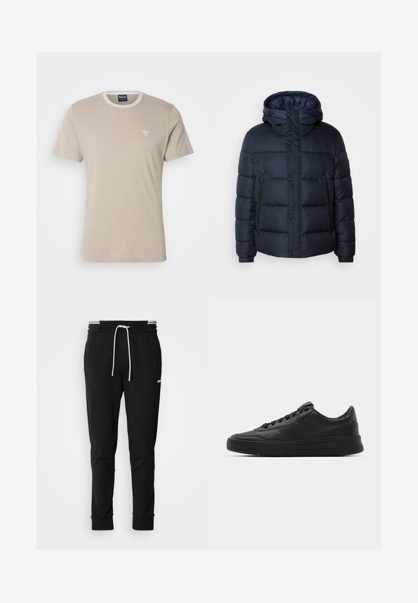 Námořnická páperová bunda s kapucí, prošívaný design, přední zip a patentky, dvě boční kapsy a pružné manžety.; Barbour AUSTWICK - Jednoduché tričko - concrete; Černé slim-fit joggingové kalhoty s bílou stahovací šňůrkou, žebrovanými manžetami a jemným logem na horní části stehna na jednoduchém pozadí.; Černé tenisky s hladkým koženým svrškem, kulatou špičkou, plochými tkaničkami, polstrovaným límcem a minimalistickým designem. Gumová podrážka s jemným vzorkem.