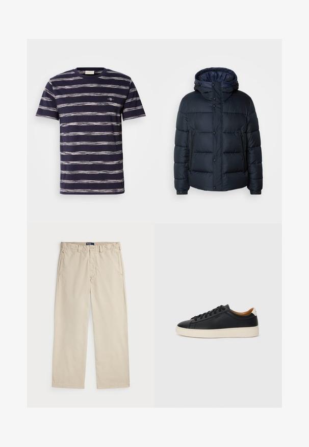 Navy puffer jacket with a hood, quilted design, front zip and snap closures, two side pockets, and elasticized cuffs.; Navy blue short-sleeve t-shirt with horizontal white and light gray stripes; features a small logo on the chest. Soft cotton fabric.; Beige cotton chinos with a straight leg design, featuring a button closure and two front pockets. Smooth texture and solid color.; Black leather sneakers with a smooth texture, beige rubber sole, lace-up design, and a contrasting heel accent.