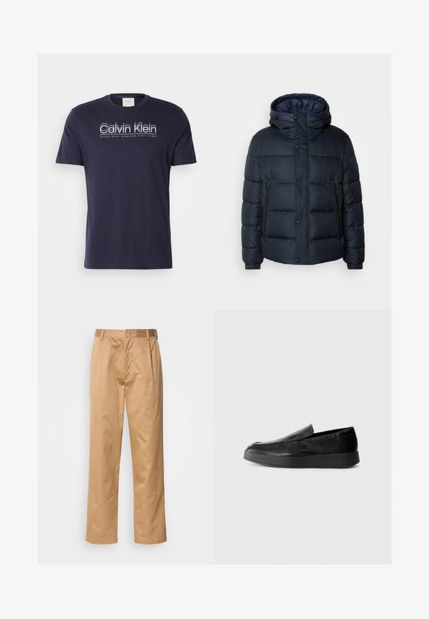 Jūras spēku krāsas pūkaina jaka ar kapuci, ar šuvju dizainu, priekšējo rāvējslēdzēju un pogu aizdari, divām sānu kabatām un elastīgām aprocēm.; Jūras zils kokvilnas T-krekls ar īsām piedurknēm, apaļu kaklu un baltu Calvin Klein logotipu ar tekstu "IZVEIDOTS 1968. GADĀ" zem tā.; Khaķi bikses, kokvilnas maisījums, taisna kāja, priekšējās krokas, jostas cilpas un pogu aizdare. Gluda tekstūra bez rakstiem.; Calvin Klein HYBRID CUP - Mokasīni - triple black
