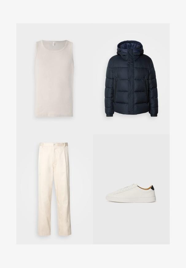 Jachetă puffer bleumarin cu glugă, design matlasat, închidere frontală cu fermoar și capse, două buzunare laterale și manșete elasticizate.; Top de rezervor bej deschis, confecționat din bumbac moale, cu un decolteu rotund și un design fără mâneci, având o textură netedă și ribbată.; Pantaloni din bumbac bej, cu croială dreaptă, dotati cu închidere cu nasture și pliuri în față pentru un plus de detaliu.; Sneaker alb cu un superior din piele netedă, vârf rotund și talpă plată. Accente negre la călcâi, cu șireturi tonale și un branding minim.