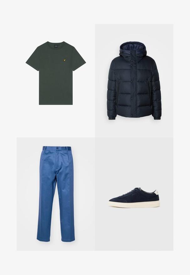 Námornícka pufovaná bunda s kapucňou, prešívaný dizajn, predný zips a druky, dve bočné vrecká a elastické manžety.; Tmavozelené bavlnené tričko s okrúhlym výstrihom a krátkymi rukávmi. Na ľavej strane na hrudi má malú žltú vyšívanú logo.; Modré nohavice vyrobené z hladkej tkaniny, s rovnými nohavicami, zapínaním na gombík a decentným prešívaním.; Námornícke semišové tenisky s hladkým textilným zvrškom, bielou gumovou podrážkou a jednoduchým šnurovacím dizajnom. Obsahujú malé logo na boku.