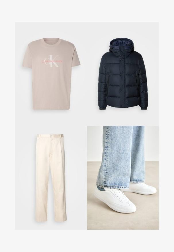 Tumesinine puhvjakiri kapuutsiga, tikkpatterndiga, ees lukuga ja nööbiga kinnitused, kaks küljetaskut ning elastsed varrukaotstarbelised. ; Bež puuvillane T-särk ümmarguse kaelusega, lühikeste varrukatega, koos peene valge ja roosa "Calvin Klein Jeans" logo kujundusega ees.; Beesidised puuvillased püksid sirge jala lõikega, mis on varustatud nööpkinnituse ja ees olevate voltidega, et lisada detaili.; Valged spordijalatsid sileda materjaliga, nööridega mudel, tekstuurne kummitald ja türkiissinine aksent kandadel, koos heledate siniste teksadega.