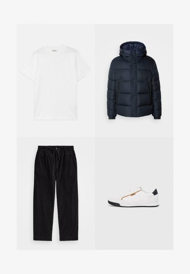 Tamsiai mėlynas pūkinis švarkas su kapišonu, siūtas dizainas, priekinis užtrauktukas ir mygtukų uždarymas, dvi šoninės kišenės ir elastingi rankogaliai.; Balta medvilninė marškinėlių su apvaliu kaklu, trumpomis rankovėmis ir subtiliu logotipu, spausdintu priekyje. Lygus paviršius ir paprastas dizainas.; Juodo kanapinio audinio kelnių modelis, turintis laisvą siluetą, su elastingu juosmeniu ir raiščiu, bei šoninėmis kišenėmis. Audinys turi išilginę tekstūrą.; Balti sportiniai bateliai su tinklinėmis ir odinėmis detalėmis. Yra auksinė "BOSS" logotipas, tekstūruoti šonai ir juodas kulno dangtelis. Guminis padas.