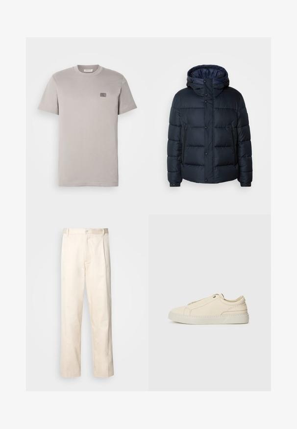 Tengerészkék pufi dzseki kapucnival, steppelt mintával, elöl cipzárral és patentos záródással, két oldalsó zsebbel és rugalmas mandzsettákkal.; Szürke pamut póló, kerek nyakkivágással, rövid ujjakkal és egy kis márkás felvarrással a mellkason. Puha tapintású, normál fazonú.; Beige pamut nadrág egyenes szárú kivágással, gombos záródással és elülső redőkkel a részletek fokozása érdekében.; Beige bőr sneaker, lekerekített orral, minimalista dizájnal, finom varrási részletekkel és texturált felsőrésszel, világos talpon.